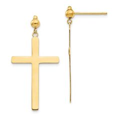 14k yellow gold cross dangle earrings. Measure approximately 1 5/16"L x 5/8"W and have post and push back closure. Yellow Gold Cross Earrings For Pierced Ears, 14k Gold Cross Earrings, Bracelets Gold Diamond, Gold Diamond Earrings, Tourmaline Stone, Ruby Jewelry, Emerald Jewelry, Gold Cross, Gold Diamond Rings