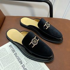 Luxury Designer Brand Leather Black Mens Lazy Half Shoes For Men Slides Mules Casual Shoes Fashion Half Shoes, Shoes Business, Men Slides, Mens Shoes Black, Loafer Slippers, Suit Shoes, Leather Slippers, Fashion Sandals, Summer Sandals