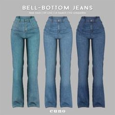 three different colored jeans are shown with the words'bell bottom jeans'on them