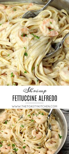 shrimp fettuccine alfredo in a pan with a spoon