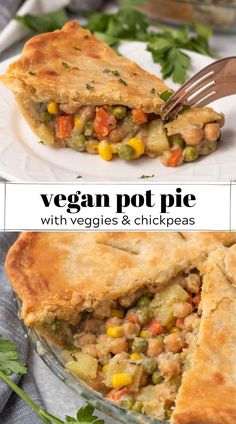 a plate with a piece of vegetable pot pie on it and the rest of the pie is cut in half