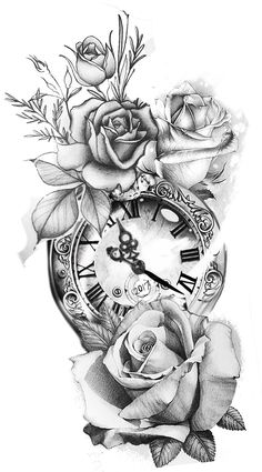 a drawing of a clock with roses around it