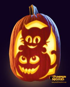 a carved pumpkin with an evil cat on it's face and the word, pumpkin masters