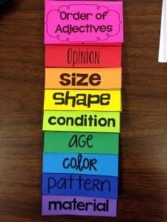 four different colored labels on a wooden table