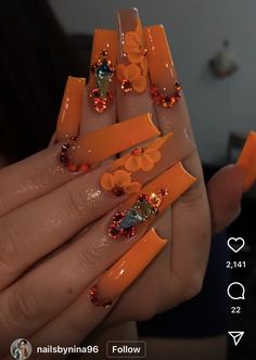 Cute Acrylic Nails Orange, Nails Acrylic Designs Orange, Acrylic Nails Orange Design, Orange Prom Nails Acrylic, Orange Nails Design Ideas, Orange Nails Acrylic Design, Orange Toe Nail Designs, Long Orange Nails, Orange Birthday Nails