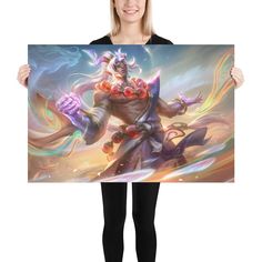 a woman holding up a large poster with an image of a demon in the background