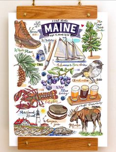 a poster with the words maine written on it and pictures of different things in them