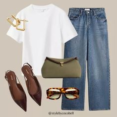 Stylebycocobell on LTK Timeless Outfits For Women Casual, Friday Night Dinner Outfit Fall, Administrative Assistant Outfit Casual, Womens Neutral Outfits, White Shirt Jeans Outfit, Shoes For Wide Leg Jeans, Wide Leg Jeans With Sneakers, Joanna Gaines Outfits, Southern Fall Outfits