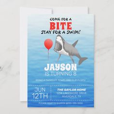 a shark birthday party card with the words, come for a bite stay for a swim