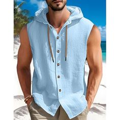 Season:Summer,Spring; Fabric:Cotton; Sleeve Length:Sleeveless; Look After Me:Washable,Wet and Dry Cleaning; Gender:Men's; Style:Fashion,Comfortable; Tops Type:Shirt,Button Up Shirt,Summer Shirt,Beach Wear; Occasion:Holiday,Hawaiian,Streetwear,Casual,Daily,Vacation; Pattern:Plain; Neckline:Hooded; Listing Date:06/20/2024; Bust:null; Length:null; Shoulder Width:null; Fit US Size:null; Fit UK Size:null; Fit EU Size:null Sleeveless Cotton Vest For Beach, Sleeveless Cotton Beach Vest, Beach Sleeveless Cotton Vest, Summer Beach Tank Top With Pockets, Casual Sleeveless Beach Vest, Summer Cotton Vest For Vacation, Casual Summer Tank Top With Pockets, Solid Sleeveless Top With Pockets, Summer Cotton Vest For Beach