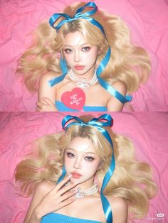 two photos of a barbie doll with blonde hair and blue ribbon around her neck, wearing a heart - shaped necklace