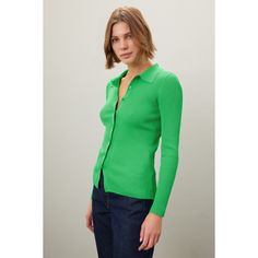 Green knit (78% Viscose, 22% Nylon). Sweater. Long sleeves. Collar. Front button closure. 24.5" from shoulder to hemline. Imported. Green Fitted Long Sleeve Cardigan, Fitted Green Sweater With Ribbed Cuffs, Spring Casual Fitted Polo Sweater, Trendy Fitted Polo Sweater With Ribbed Collar, Trendy Fitted Polo Sweater For Work, Green Spring Cardigan With Ribbed Cuffs, Winter Fitted Button Polo Sweater, Winter Fitted Polo Sweater With Buttons, Fitted Classic Green Polo Sweater