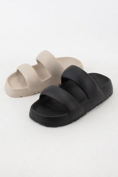 Description Flatform Lightweight Slide Sandal. Thick Double Strap Slip on. Materials & Care 100% Man Made Materials Wipe as needed, no harsh chemicals. Skirt Jumpsuit, Graphic Tops, Easy Breezy, Sandals For Sale, Romper Dress, Basic Tees, Skirts For Sale, Shoe Sale, Bag Straps