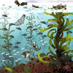 an underwater scene with sea animals and plants