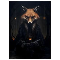 a painting of a fox wearing a robe and holding a candle in its hands with the eyes closed