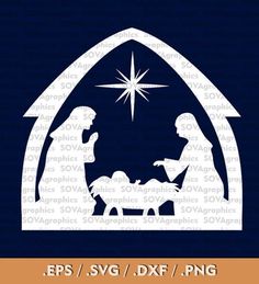 the nativity scene is shown in white on a blue background