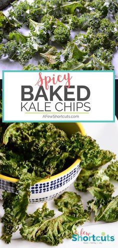 kale chips in a bowl with text overlay that reads spicy baked kale chips