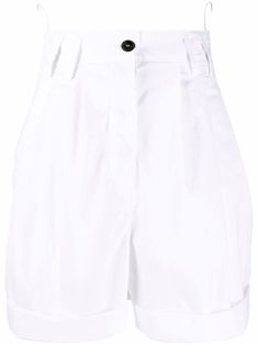 white high-waisted pleat detailing belt loops front button and zip fastening turn-up cuffs Womens High Waisted Shorts, White Chinos, Summer Capsule, Knee Length Shorts, Tailored Shorts, Shorts White, Pleated Shorts, Summer Fits, High Waisted Shorts