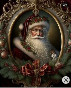 a painting of santa claus in a gold frame with holly wreaths and red bows