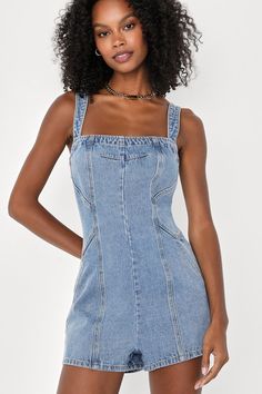 You'll always make the best dressed lists when you've got the Lulus Trendy Attitude Medium Wash Backless Denim Romper! Sturdy cotton denim shapes this ultra-cute romper that has wide tank straps and a flirty open back, crossed by a single strap. Seamed paneling at the front creates a flattering fit, and attached shorts boast twin front diagonal pockets and two patch pockets at the back. Elastic and hidden zipper/clasp at back for fit. Fit: This garment fits true to size. Length: Above mid-thigh. Fitted Denim Overall Vest In Casual Style, Trendy Denim Dress With Spaghetti Straps, Summer Cotton Denim Jumpsuit With Adjustable Straps, Trendy Sleeveless Summer Denim Jumpsuit, Fitted Denim Vest For Summer, Trendy Denim Dress With Adjustable Straps For Summer, Trendy Summer Denim Dress With Adjustable Straps, Denim Blue Dress With Adjustable Straps, Summer Sleeveless Light Wash Jumpsuits And Rompers