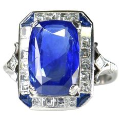 Edwardian Platinum Sapphire and Diamond Ring | From a unique collection of vintage Engagement Rings at https://www.1stdibs.com/jewelry/rings/engagement-rings/. Blue Sapphire Necklace, Sapphire And Diamond Ring, Ceylon Sapphire, Beading Ideas, Rings Engagement, Sapphire Diamond Ring, Baguette Cut Diamond, No Heat, Sapphire Necklace