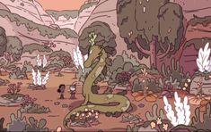 an image of a cartoon scene with mountains and trees in the background, including a snake