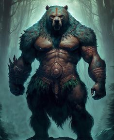 a big furry bear standing in the middle of a forest with his hands on his hips