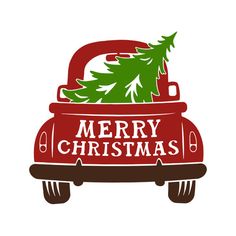 a red truck with a christmas tree in the back and merry lettering on the side