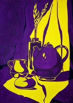 a painting of teapots and cups on a table cloth with a yellow background