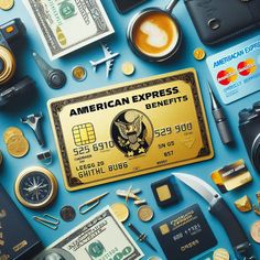 an american express credit card surrounded by money, keys and other personal items on a blue surface