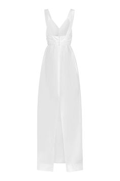 a white jumpsuit with straps on the front and side, featuring an asymmetrical neckline