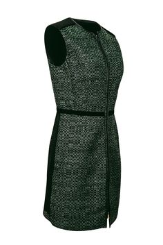 Elevate your office style with the Missoni black and green print middle zipper dress. This uniquely designed dress features a striking green and black woven front with a classic zipper detail, complemented by a textured black back and chic sheepskin leather trim. Perfect for the boss babe in you, complete the look with a stylish black pointed-toe pump for a timeless and sophisticated look. Size 10 (IT 40) Shell 1 44% Polyester, 23% Acrylic, 17% Polyamide, 16% Cotton Shell 2 100% Polyester Shell 3 33% Cotton, 34% Polyester, 30% Viscose Lining 67% Acetate, 33% Polyester Exposed zipper front Sleeveless Bust 36" Waist 32" Shoulder to hem 36" Black Sleeveless Dress With Zipper Closure, Black Office Dress With Back Zipper, Black Workwear Dress With Side Zipper, Black Dress With Side Zipper For Work, Black Work Dress With Side Zipper, 40 Dress, Exposed Zipper, Zipper Detail, Dress Zipper