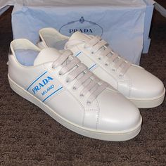 Prada Leather Sneakers Brand New And Perfect Shape Modern White Sneakers With Logo Plaque, Luxury White Sneakers With Removable Insole, White Calf Leather Sneakers With Removable Insole, Prada Shoes Women, Prada Sneakers Women, Prada White Sneakers, Shoes Women Sneakers, Women Sneakers, Prada Leather