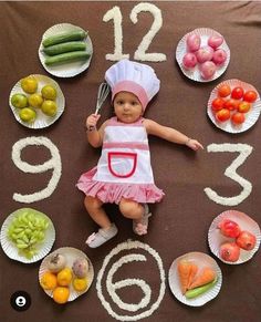 a baby in a chef's outfit surrounded by paper plates with numbers and vegetables