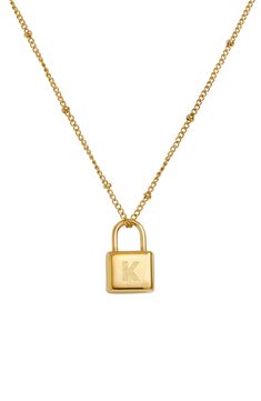 Initials are etched into padlock inspired pendants that suspend from this fun 18K gold plated necklace. 18" chain length with 1" extension, 1" pendant length 18K gold plated stainless steel Imported Lock Pendant, Gold C, Lock Necklace, Jewelry Accessories Ideas, Gold Plated Necklace, Initial Necklace, Chain Length, Womens Jewelry Necklace, Nordstrom Rack