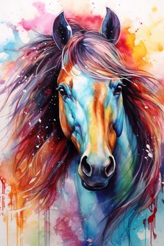 a painting of a horse with long manes and colorful paint splattered on it's face