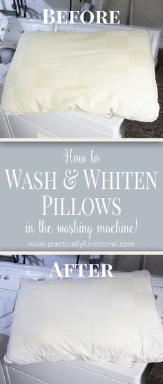 the before and after photos of how to wash and whiten pillows in the washing machine