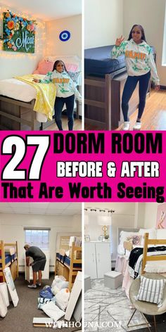 dorm room before and after with text overlay that says 27 dorm room before and after