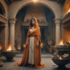 a woman dressed in an orange robe standing in front of fire pit with torches around her