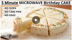 a white cake with sprinkles on it and the words 5 minute microwave birthday cake