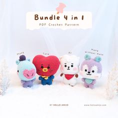 four crocheted stuffed animals standing next to each other in front of a white background