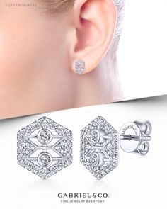 These hexagonal stud earrings combine bezel set and pavé diamonds for a uniquely glamorous look. Crafted from versatile 14k white gold and showcasing 0.34cts of gleaming diamonds, our openwork geometric studs make a graphic statement.  EG13397W45JJ #GabrielNY#DiamondJewelry#FineJewelry#GabrielAndCo#UniqueJewelry#FineJewelry#FashionJewelry#UniqueJewelry#GiftIdeas#UniqueGifts#DiamondJewelry#Jewelry#Earrings#FashionEarrings#WhiteGoldEarrings#WhiteGoldFashionEarrings#GoldEarrings#GoldFashionEarrings Unique Diamond Stud Earrings, Unique Hoop Earrings, Gifts For Aunt, Geometric Studs, Open Hoop Earrings, Geometric Diamond, Fine Jewelry Gift, Ear Studs, Diamond Earrings Studs