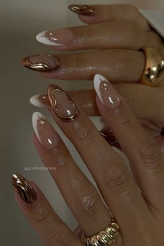 Basic Nails Almond, Cursed Nails, Almond Nails With Gold, Ethereal Nails, Fake Nails Designs, Almond Nails Designs, Nail Swag, White Nail