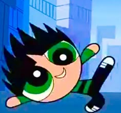 a cartoon character with green eyes and black hair