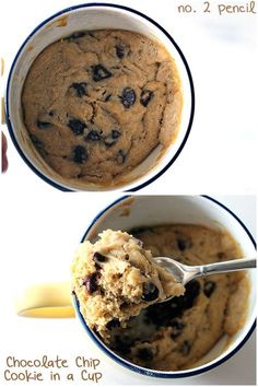 chocolate chip cookie in a cup is ready to be eaten with a spoon, and then topped with oatmeal