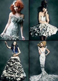 four different pictures of women in dresses made out of books and paper mache sheets