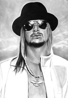 a drawing of a man wearing sunglasses and a hat with long hair in front of a cloudy sky