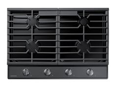 a black stove top with four burners and two knobs on the front side