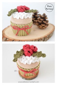 crocheted cupcakes are sitting on top of a tree stump with pine cones in the background