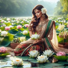 a beautiful woman sitting on top of a lily covered pond wearing a sari and holding a flower in her hand